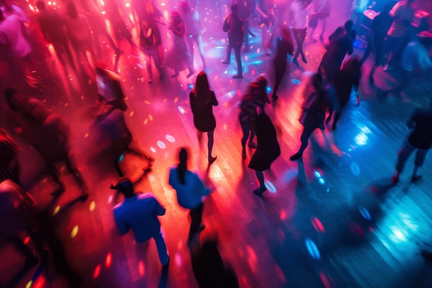 Photo packed nightclub dance floor with energetic dancers colorful lighting and lively atmosphere