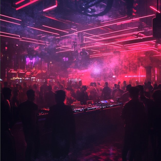 a packed nightclub with a DJ spinning tracks under pulsating neon lights1