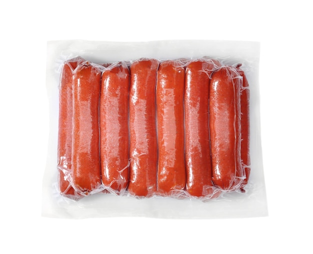 Packed sausages on white background