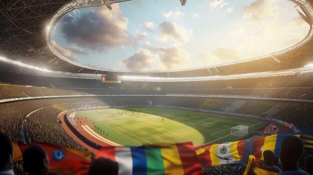 A packed stadium with fans waving flags watches an intense soccer match under a dramatic sky illumin