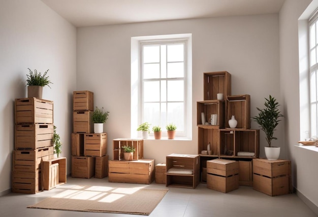 Packing Boxes in a New Home Room with Wooden Boxes and Moving Essentials