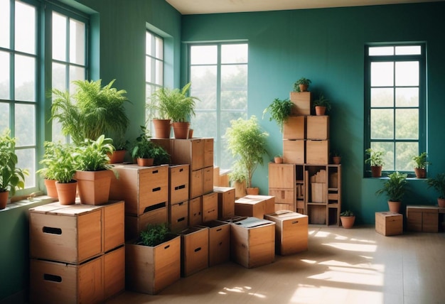 Packing Boxes and Wooden Crates in a New Home Essential Room Setup for Relocation