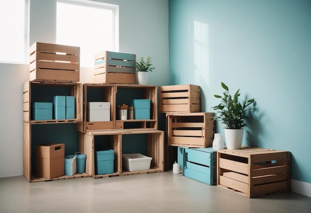 Photo packing boxes and wooden crates in a new home essential room setup for relocation