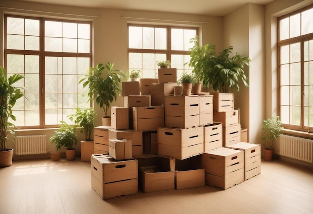 Packing Boxes and Wooden Crates in a New Home Essential Room Setup for Relocation