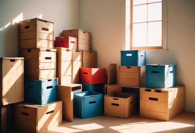 Packing Boxes and Wooden Crates in a New Home Essential Room Setup for Relocation