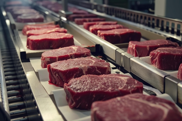 Packing of meat slices in boxes on a conveyor belt