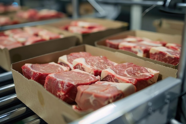 Packing of meat slices in boxes on a conveyor belt