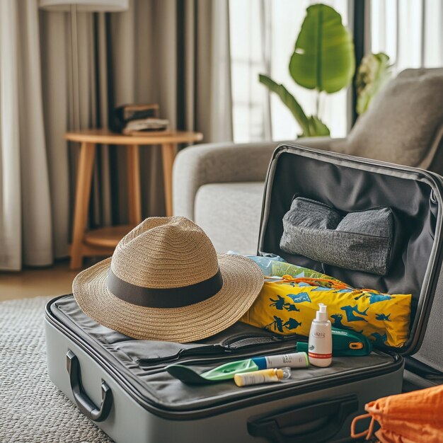 Packing suitcase for travel vacation in new normal top view