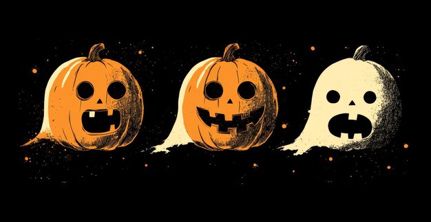 Photo pacman eating ghosts with the ghost being an orange pumpkin on a black background for a shirt design