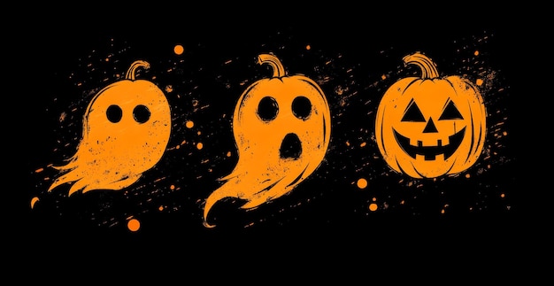 Photo pacman eating ghosts with the ghost being an orange pumpkin on a black background for a shirt design