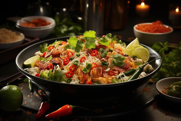 Pad Thai Experience the iconic Thai stirfried noodle dish combining tamarind peanuts and fresh lime for a harmonious balance of flavorsGenerated with AI