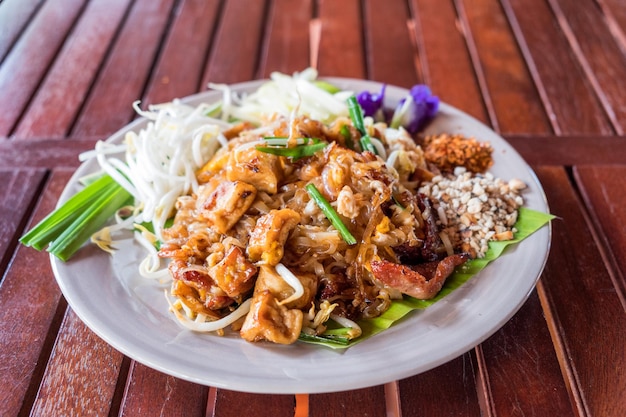 Pad Thai of Noodle stirfried with meat and vegetable traditional food