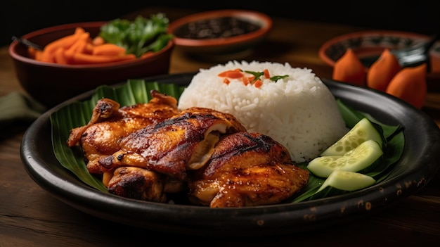 Padang style grilled chicken served with steaming basmati rice generative ai