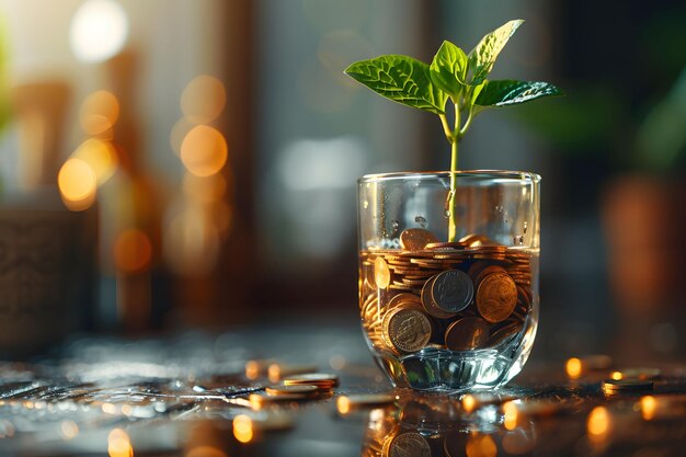 Padded plant in a glass cup with coins growing on it