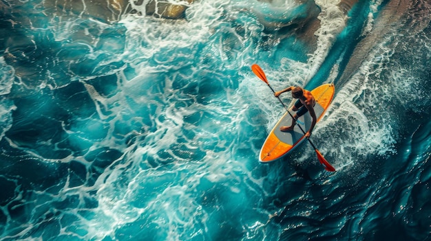 Paddleboarder navigates choppy waters with an aerial view showcasing the blue ocean and white foam