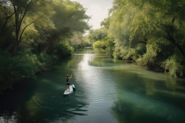 Paddleboarder paddles through tranquil river surrounded by natural beauty created with generative ai