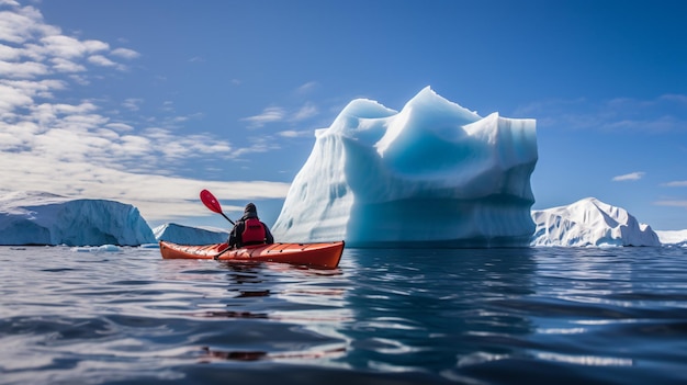 Paddling on kayak near iceberg