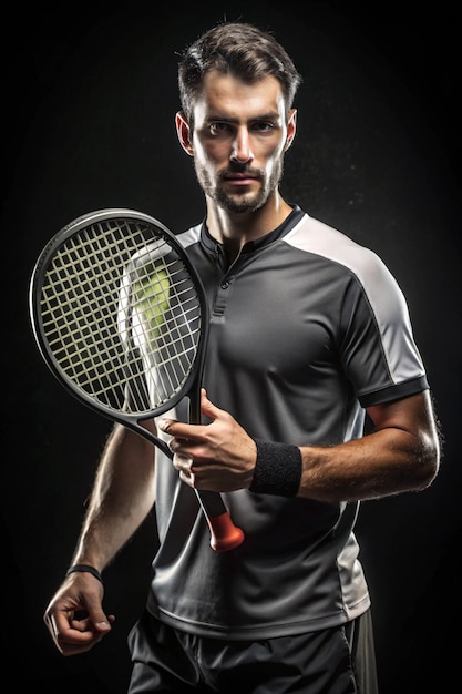 Padel tennis player with racket Man athlete with paddle racket on black background Sport concept Download a high quality photo for sports website