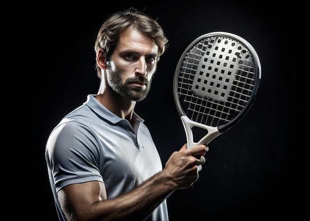 Photo padel tennis player with racket man athlete with paddle racket on black background sport concept download a high quality photo for sports website