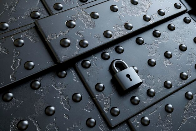 Photo padlock on a black metal surface with rivets