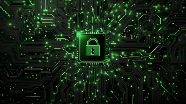 Photo padlock on a circuit board background technology banner backdrop network connect