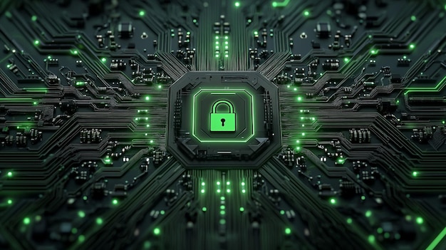 Photo padlock on a circuit board background technology banner backdrop network connect