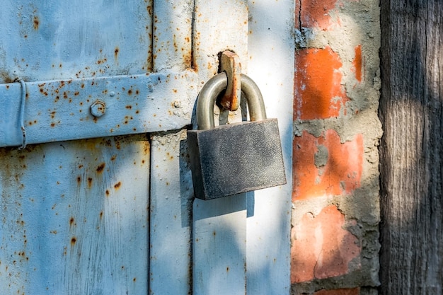 Padlock on a closed door Old rusty iron door