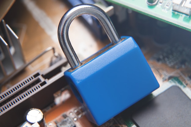 Padlock on computer circuit board