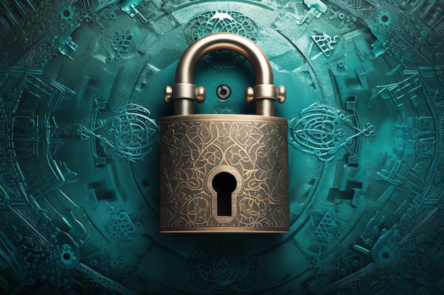 A padlock on a green background with a pattern of the word lock on it.