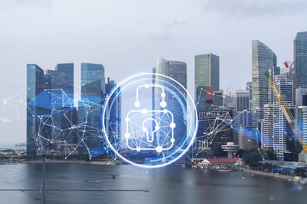 Padlock icon hologram over panorama city view of Singapore to protect business in Asia The concept of information security shields Double exposure