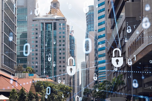 Padlock icon hologram over panorama city view of Singapore to protect business in Asia The concept of information security shields Double exposure