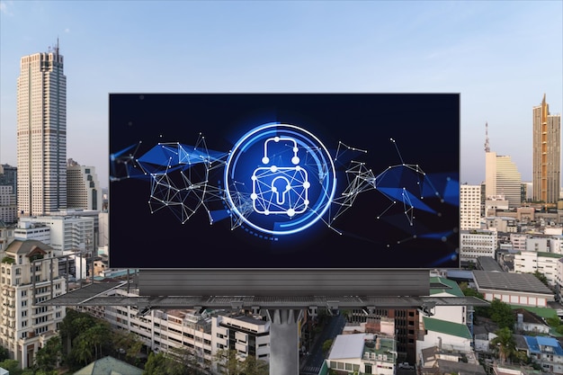 Padlock icon hologram on road billboard over panorama city view of Bangkok at day time to protect business Southeast Asia The concept of information security shields