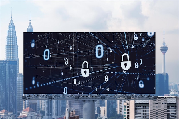 Padlock icon hologram on road billboard over panorama city view of Kuala Lumpur at day time to protect business Malaysia Asia The concept of information security shields