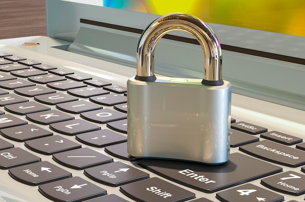 Padlock on the laptop keyboard 3D rendering