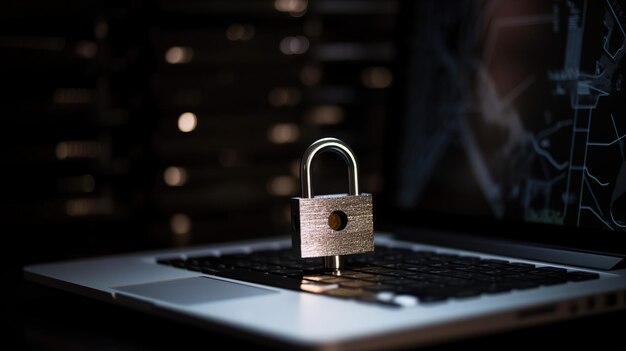 A padlock on a laptop keyboard with a blurred background