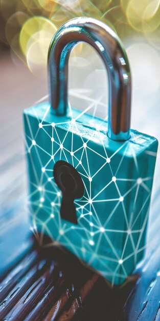 Photo padlock protecting network security with glowing nodes