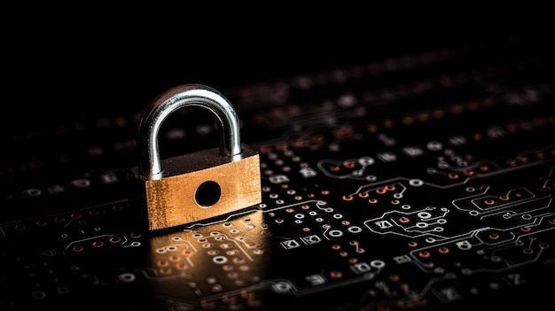 A padlock sits on a computer keyboard.