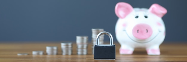 Photo padlock standing on background of piggy bank and coins closeup safe storage of funds concept