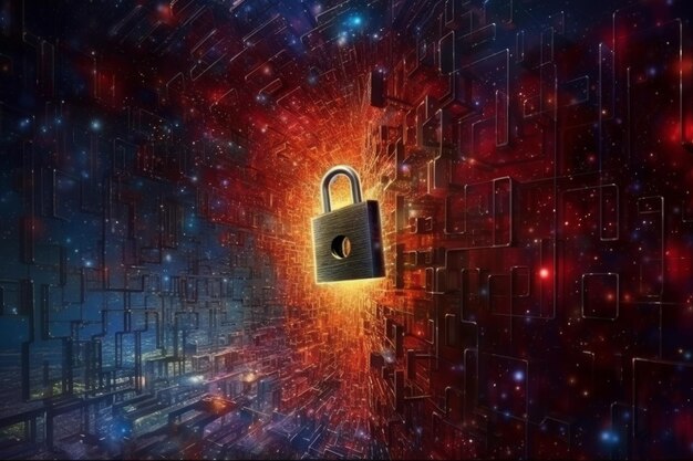 padlock with digital technology elements set against abstract background