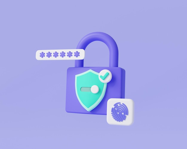 Padlock with shield protection with fingerprint and password Data protection private access icon password security access protection personal information Security concept 3d render illustration