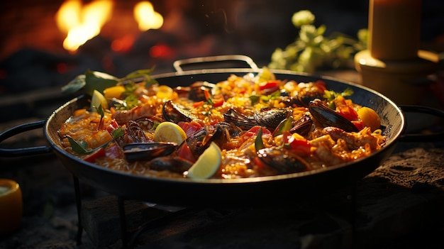 Paella cooking outdoors on an open fire