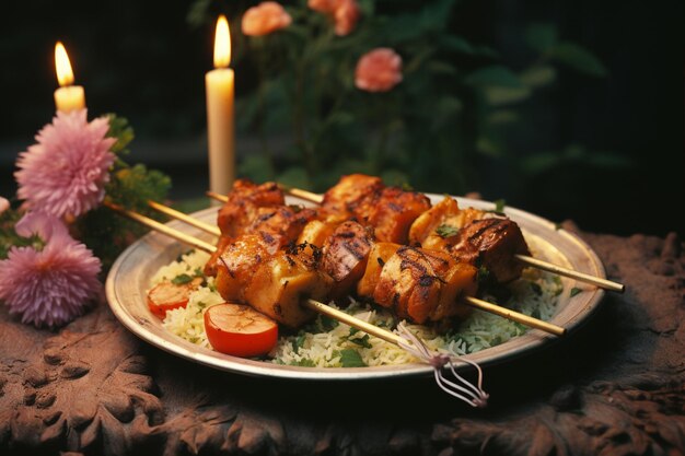 Photo paella kebab skewers dish photo style