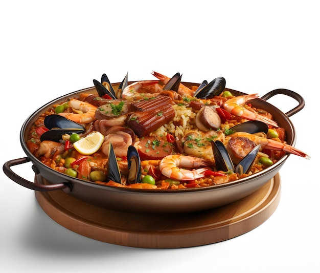 Paella valenciana with saffroninfused rice and a medley of seafood Generative AI