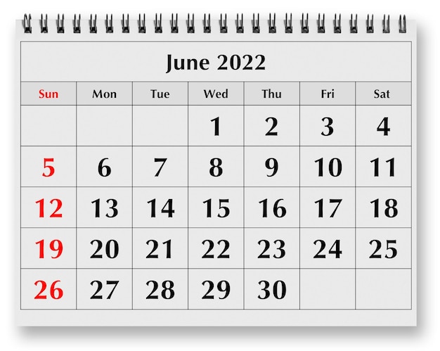 Page of the annual monthly calendar June 2022