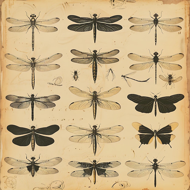 Page of an old retro book of identification guide on entomology dragonflies engraving style