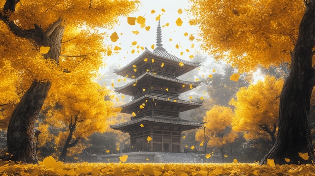 Pagoda in a Golden Autumn Forest with Falling Leaves