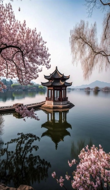 Pagoda sitting on top of a lake surrounded by trees generative ai