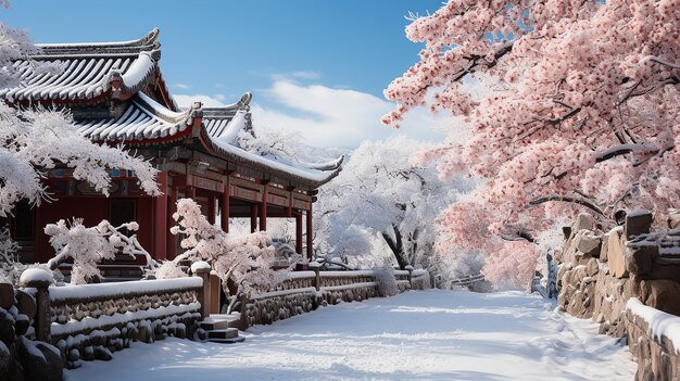 a pagoda in the snow