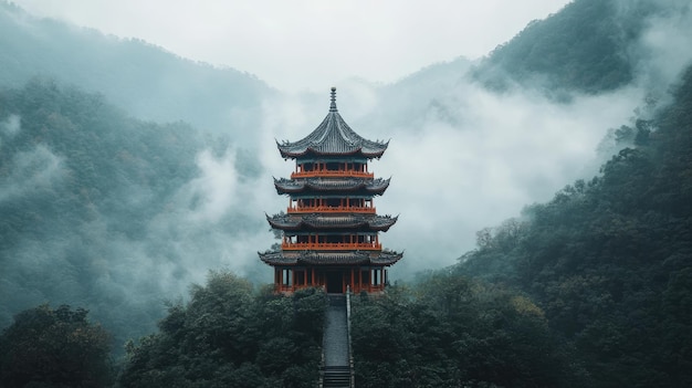 Photo a pagoda stands tall amidst the misty mountainside