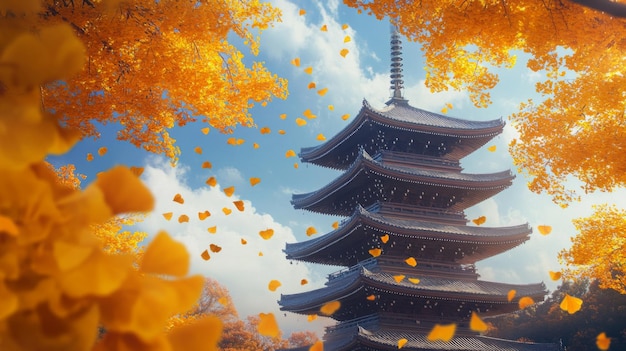 Pagoda Surrounded by Falling Autumn Leaves